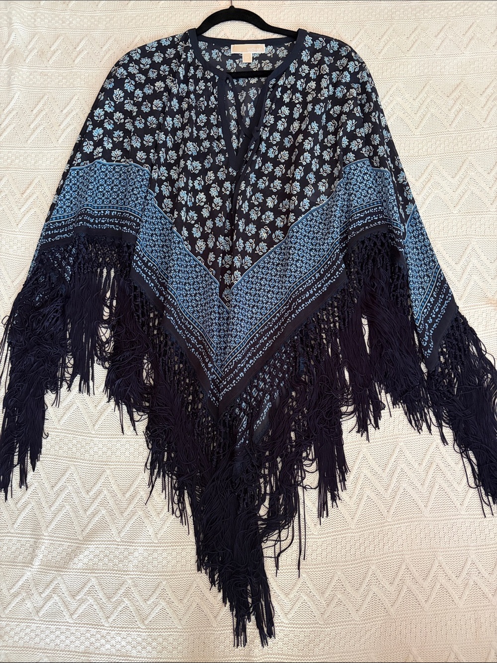 Michael Kors Navy and Light Blue Fringe Poncho